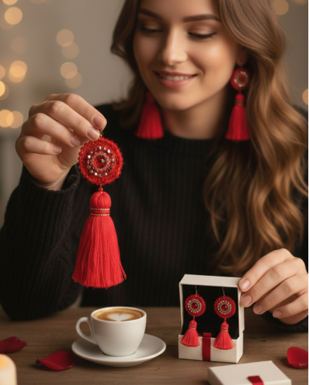 Háčkované dizajnové náušnice "Červená ruža"